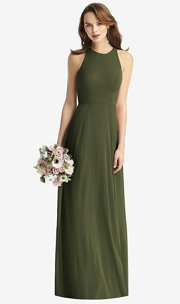 Front View - Olive Green Sleeveless Halter Chiffon Maxi Dress