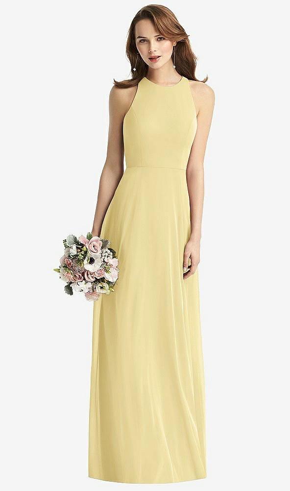 Front View - Pale Yellow Sleeveless Halter Chiffon Maxi Dress