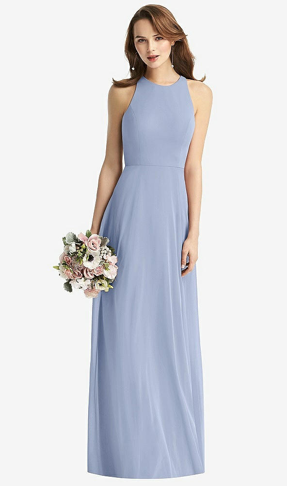 Front View - Sky Blue Sleeveless Halter Chiffon Maxi Dress