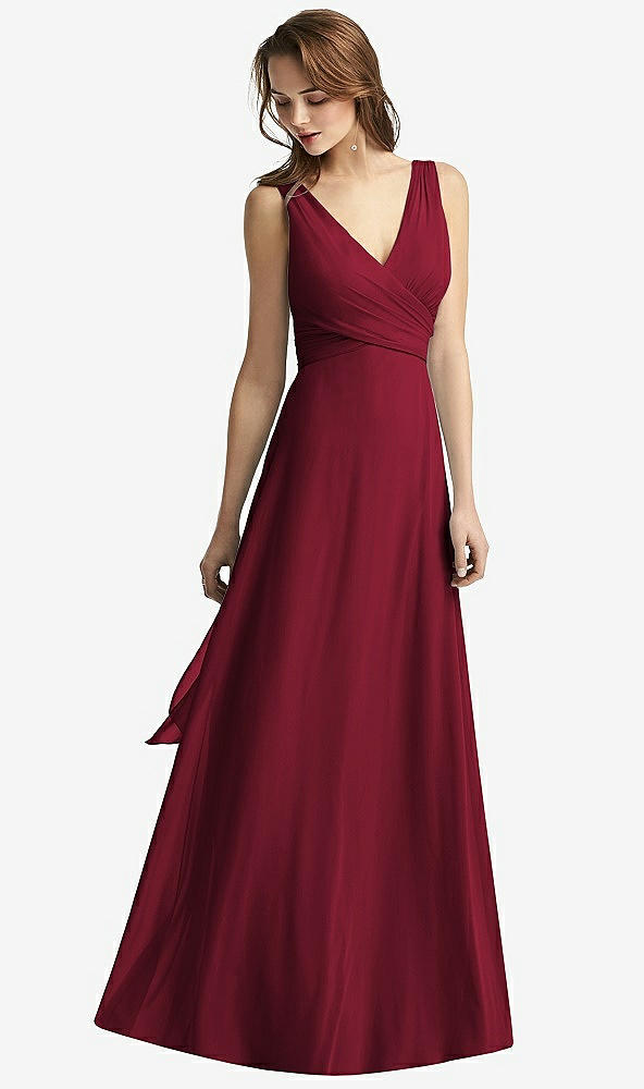 Front View - Burgundy Sleeveless V-Neck Chiffon Wrap Dress