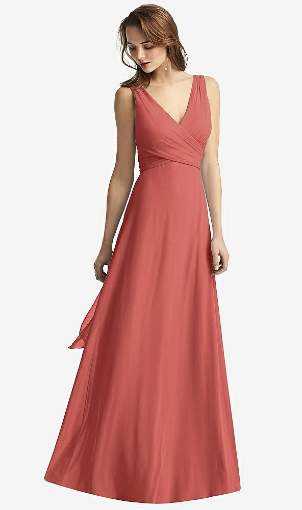 Front View - Coral Pink Sleeveless V-Neck Chiffon Wrap Dress