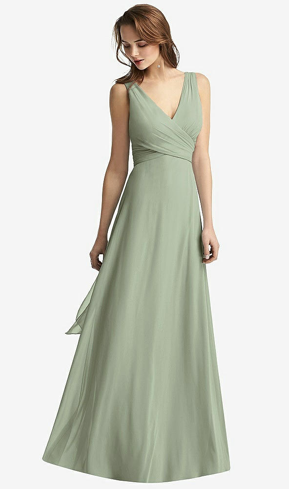 Front View - Sage Sleeveless V-Neck Chiffon Wrap Dress