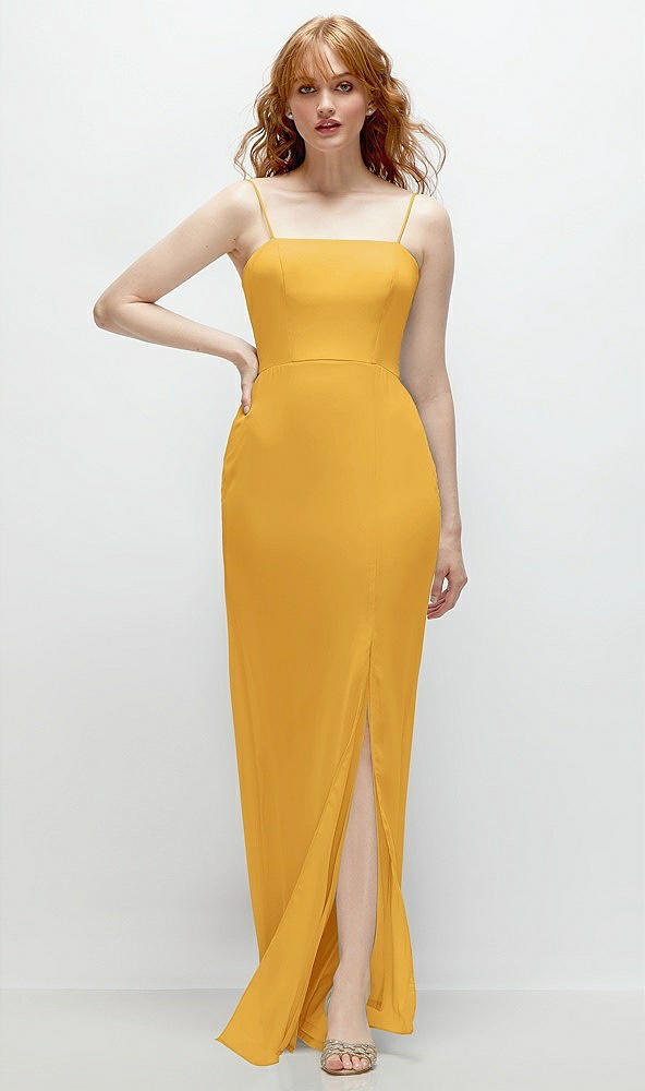 Front View - NYC Yellow Tie-Back Cutout Trumpet Gown with Front Slit