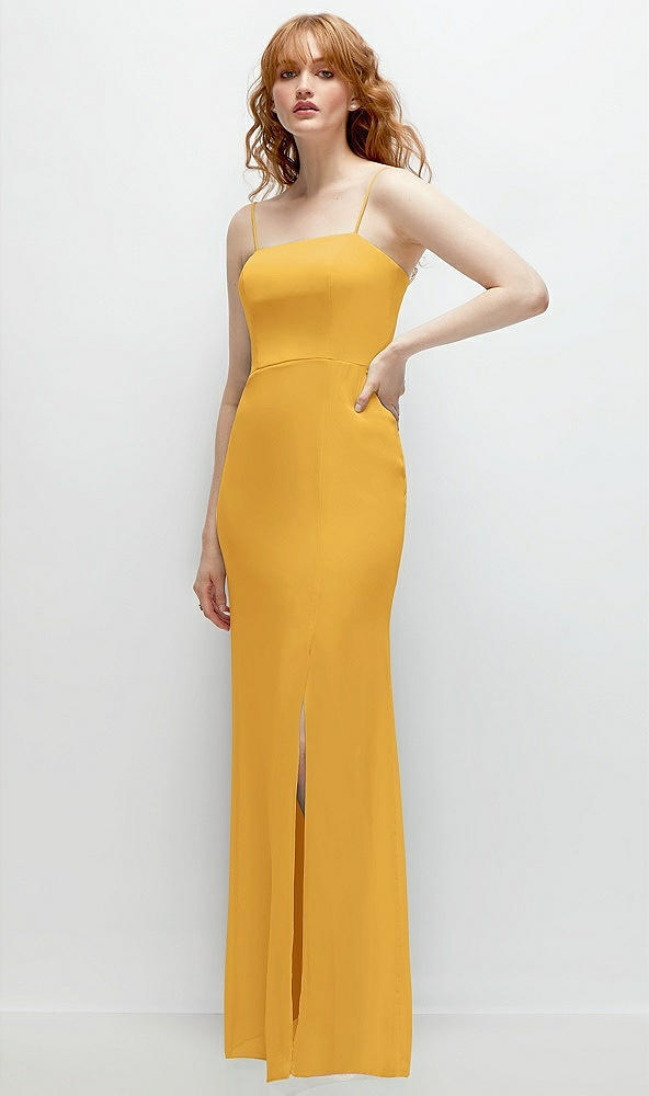 Back View - NYC Yellow Tie-Back Cutout Trumpet Gown with Front Slit