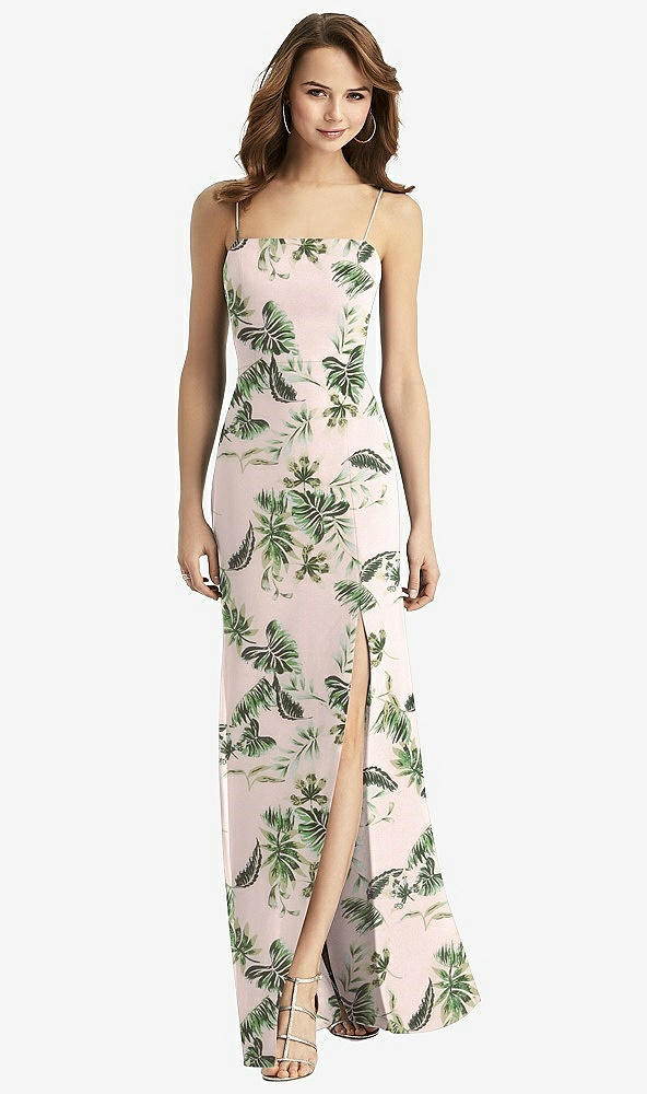 Front View - Palm Beach Print Tie-Back Cutout Trumpet Gown with Front Slit