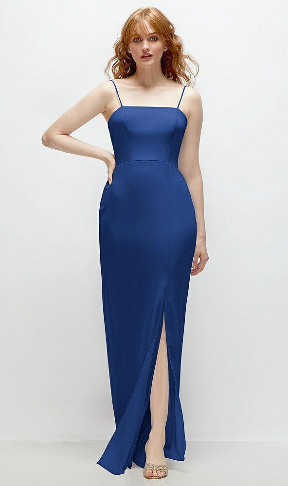 Front View - Classic Blue Tie-Back Cutout Trumpet Gown with Front Slit