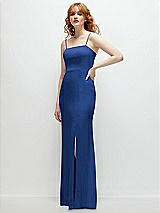 Rear View Thumbnail - Classic Blue Tie-Back Cutout Trumpet Gown with Front Slit