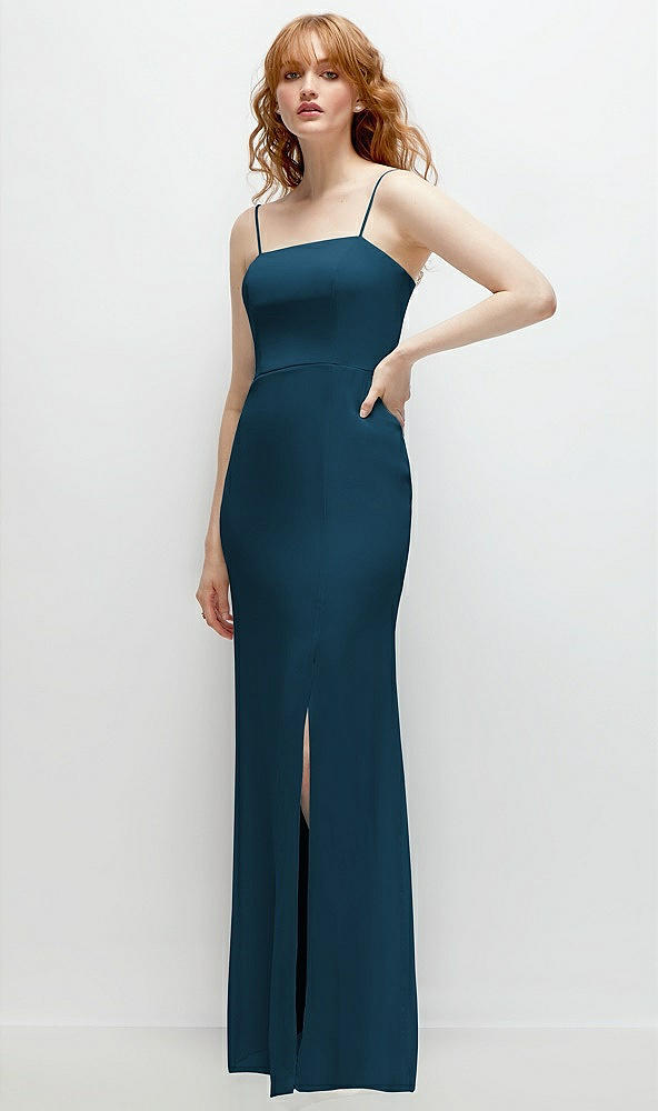 Back View - Atlantic Blue Tie-Back Cutout Trumpet Gown with Front Slit