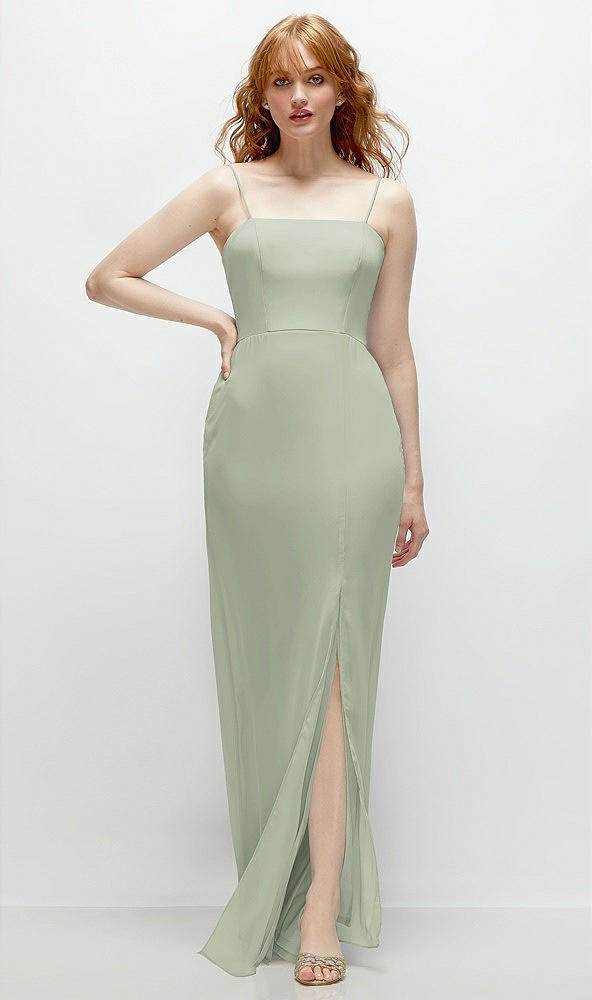 Front View - Celadon Tie-Back Cutout Trumpet Gown with Front Slit