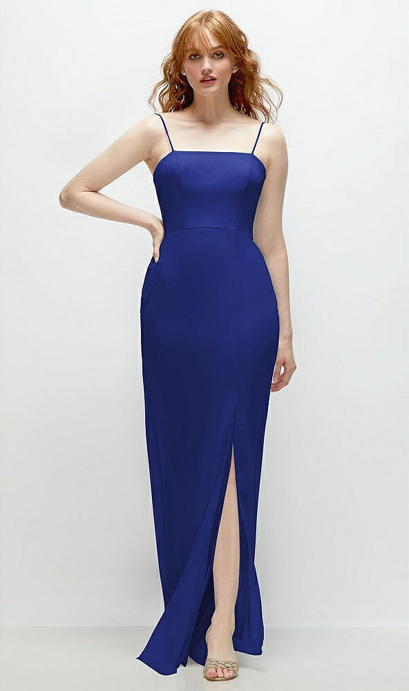 Front View - Cobalt Blue Tie-Back Cutout Trumpet Gown with Front Slit