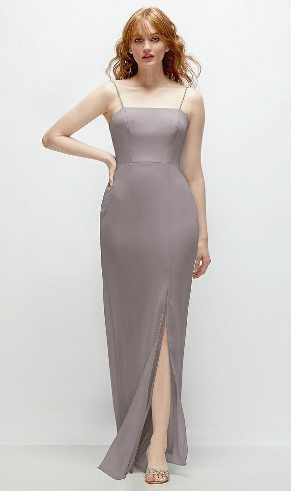 Front View - Cashmere Gray Tie-Back Cutout Trumpet Gown with Front Slit