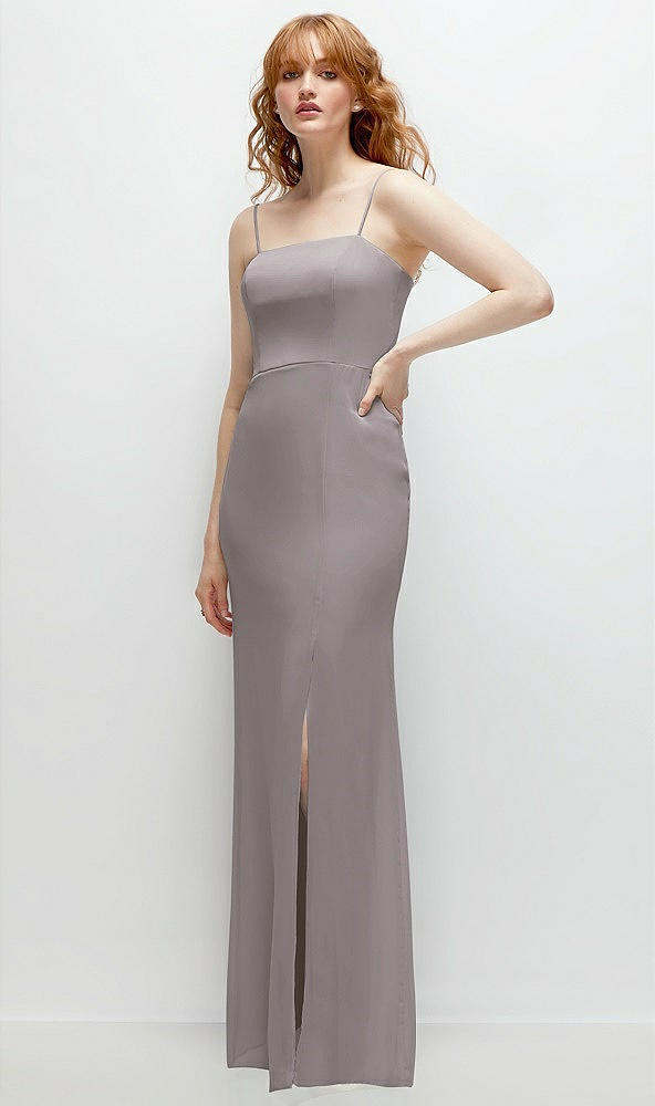 Back View - Cashmere Gray Tie-Back Cutout Trumpet Gown with Front Slit