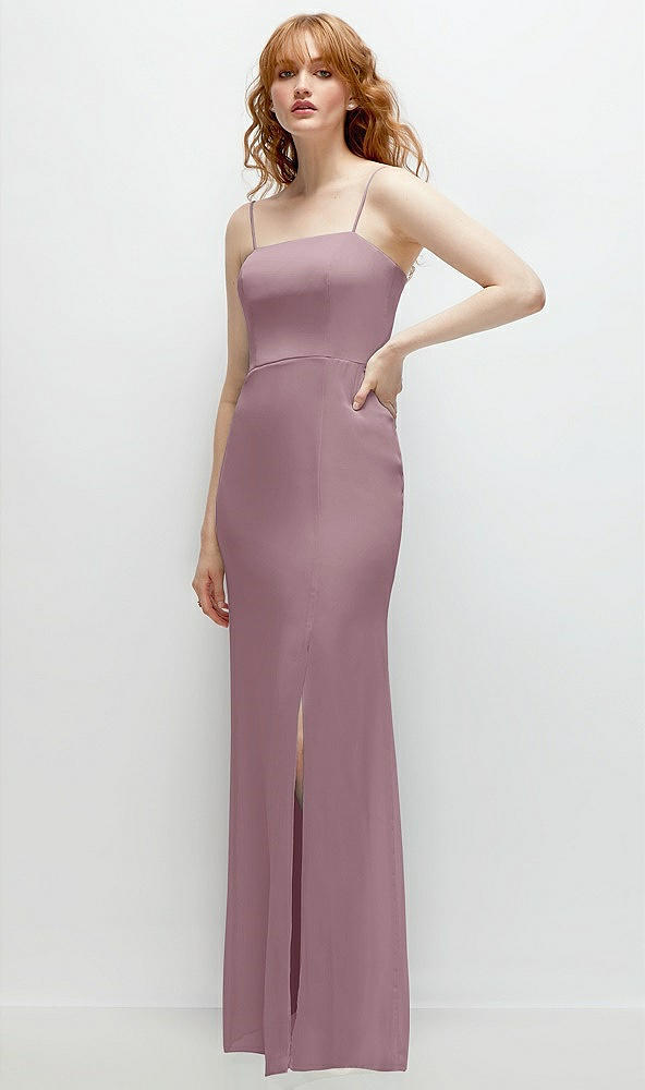 Back View - Dusty Rose Tie-Back Cutout Trumpet Gown with Front Slit