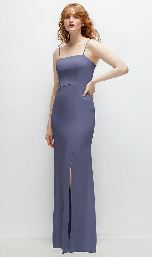 Back View - French Blue Tie-Back Cutout Trumpet Gown with Front Slit