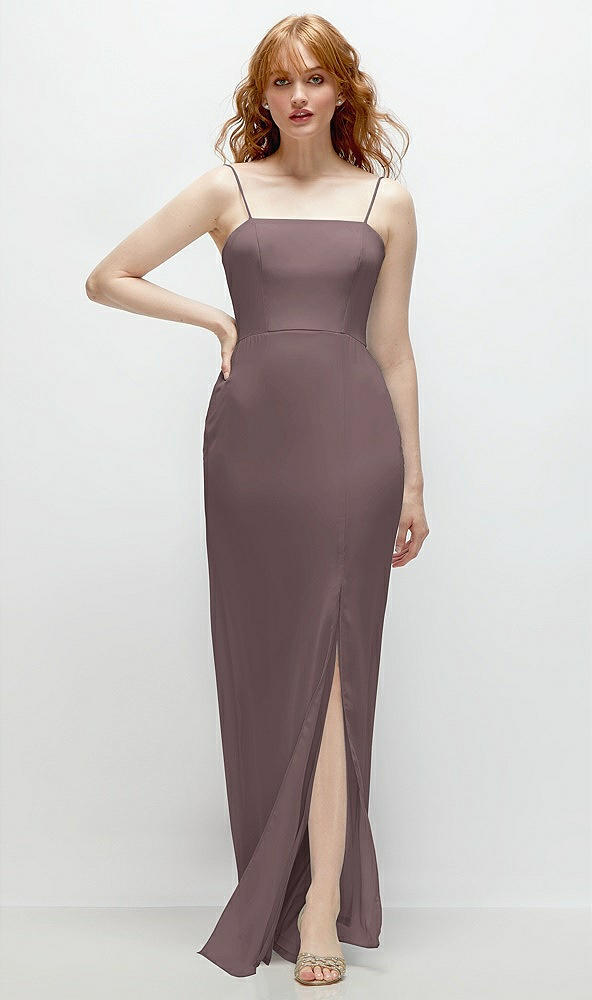 Front View - French Truffle Tie-Back Cutout Trumpet Gown with Front Slit