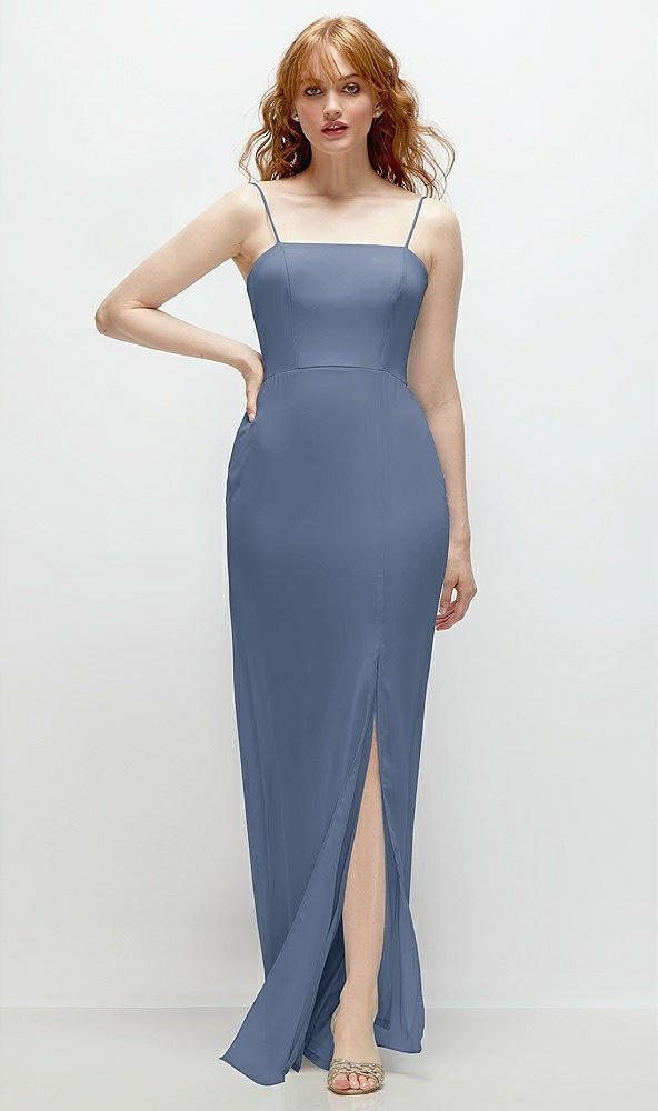 Front View - Larkspur Blue Tie-Back Cutout Trumpet Gown with Front Slit