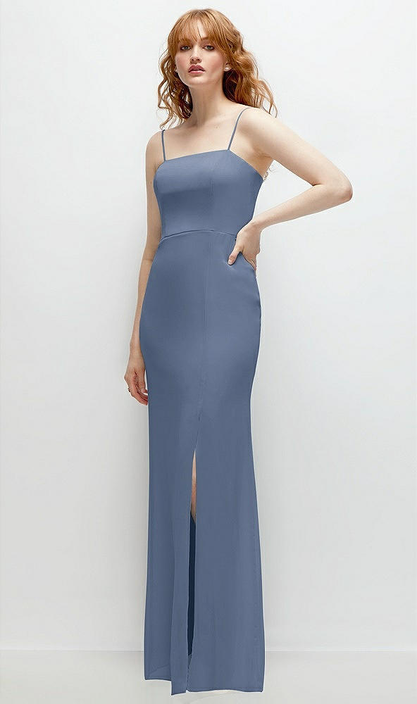 Back View - Larkspur Blue Tie-Back Cutout Trumpet Gown with Front Slit