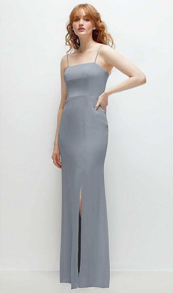 Back View - Platinum Tie-Back Cutout Trumpet Gown with Front Slit