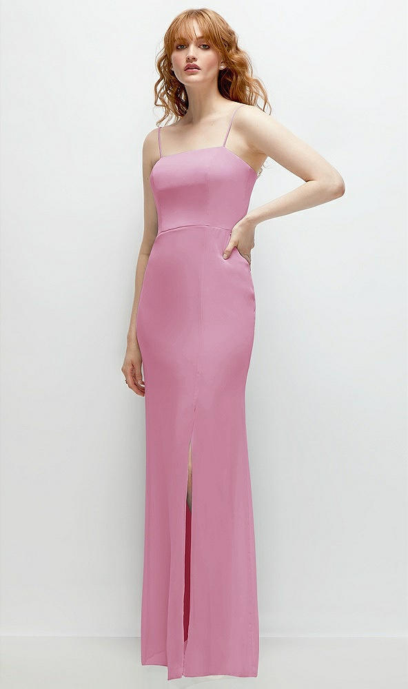 Back View - Powder Pink Tie-Back Cutout Trumpet Gown with Front Slit