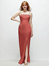 Front View Thumbnail - Coral Pink Tie-Back Cutout Trumpet Gown with Front Slit