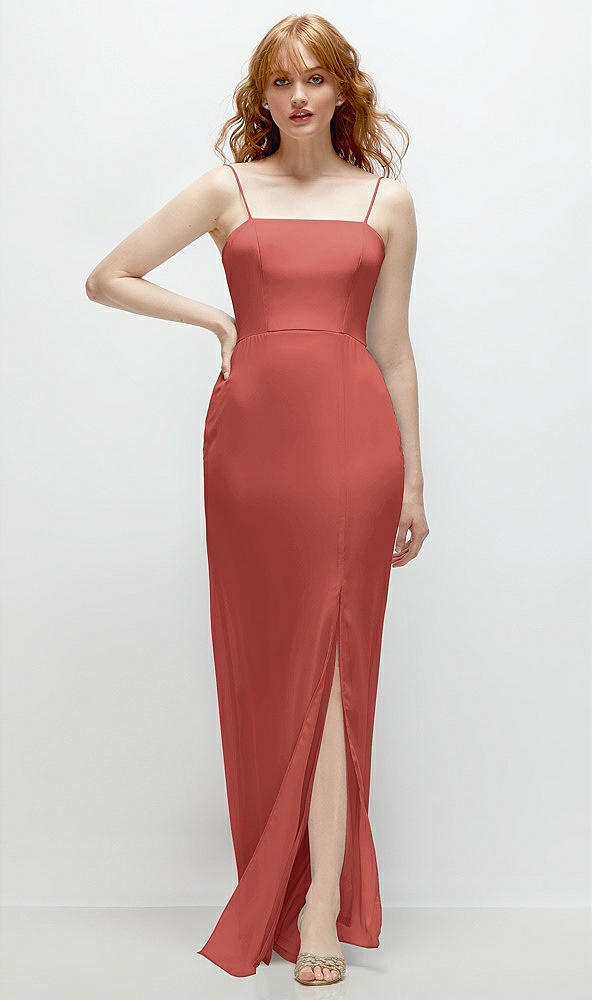 Front View - Coral Pink Tie-Back Cutout Trumpet Gown with Front Slit