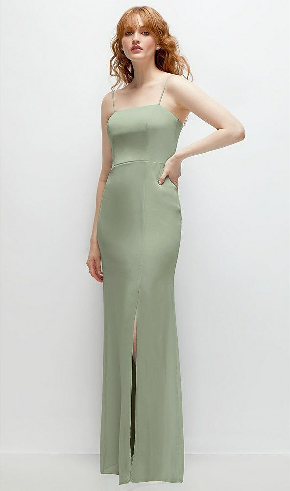 Back View - Sage Tie-Back Cutout Trumpet Gown with Front Slit