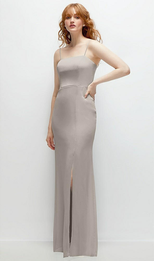 Back View - Taupe Tie-Back Cutout Trumpet Gown with Front Slit