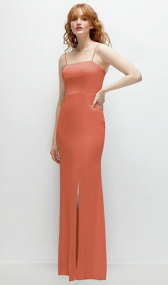 Back View - Terracotta Copper Tie-Back Cutout Trumpet Gown with Front Slit