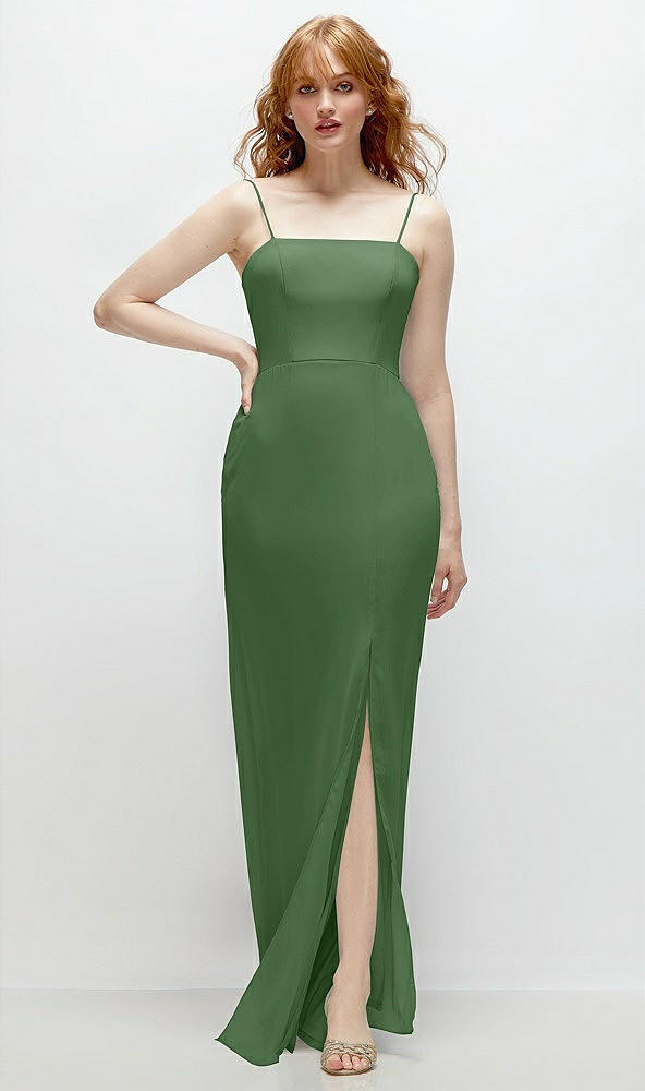 Front View - Vineyard Green Tie-Back Cutout Trumpet Gown with Front Slit