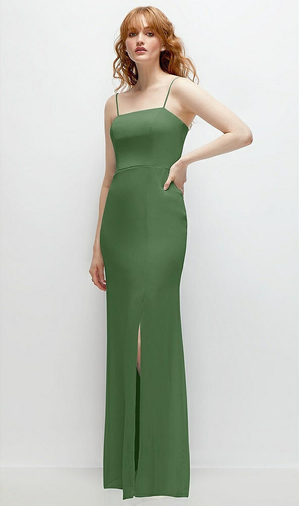 Back View - Vineyard Green Tie-Back Cutout Trumpet Gown with Front Slit