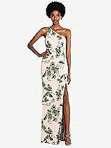 Front View Thumbnail - Palm Beach Print One-Shoulder Chiffon Trumpet Gown