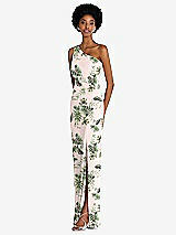 Side View Thumbnail - Palm Beach Print One-Shoulder Chiffon Trumpet Gown