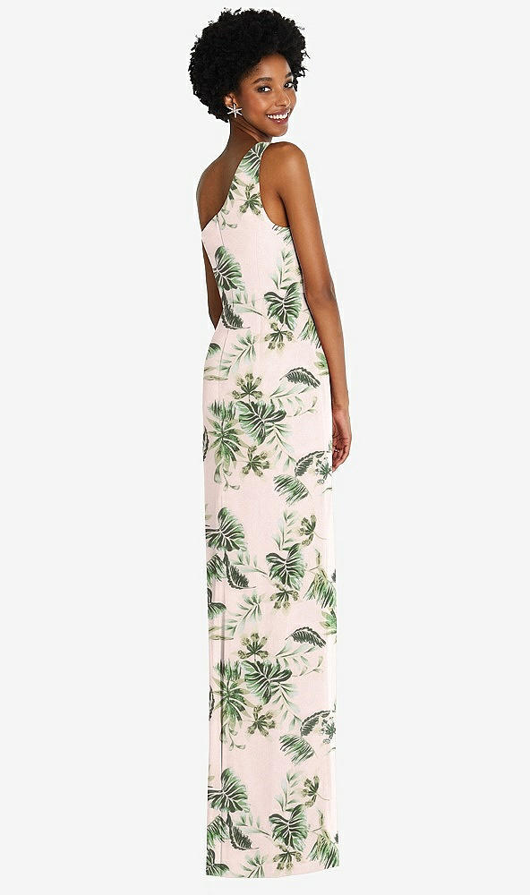 Back View - Palm Beach Print One-Shoulder Chiffon Trumpet Gown