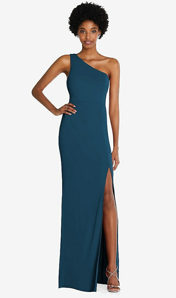 Front View - Atlantic Blue One-Shoulder Chiffon Trumpet Gown