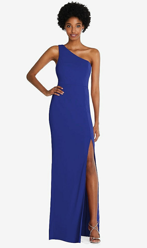 Front View - Cobalt Blue One-Shoulder Chiffon Trumpet Gown