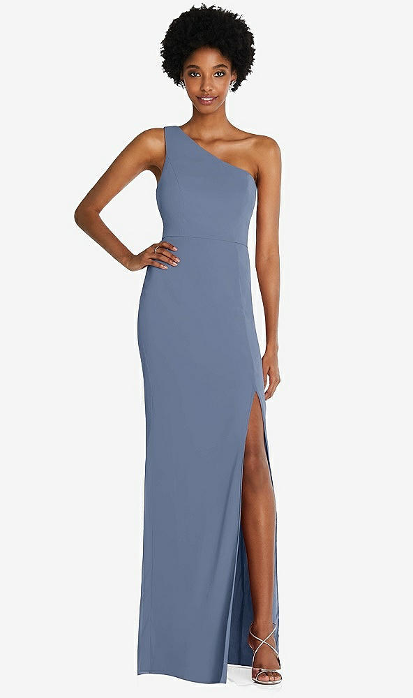 Front View - Larkspur Blue One-Shoulder Chiffon Trumpet Gown