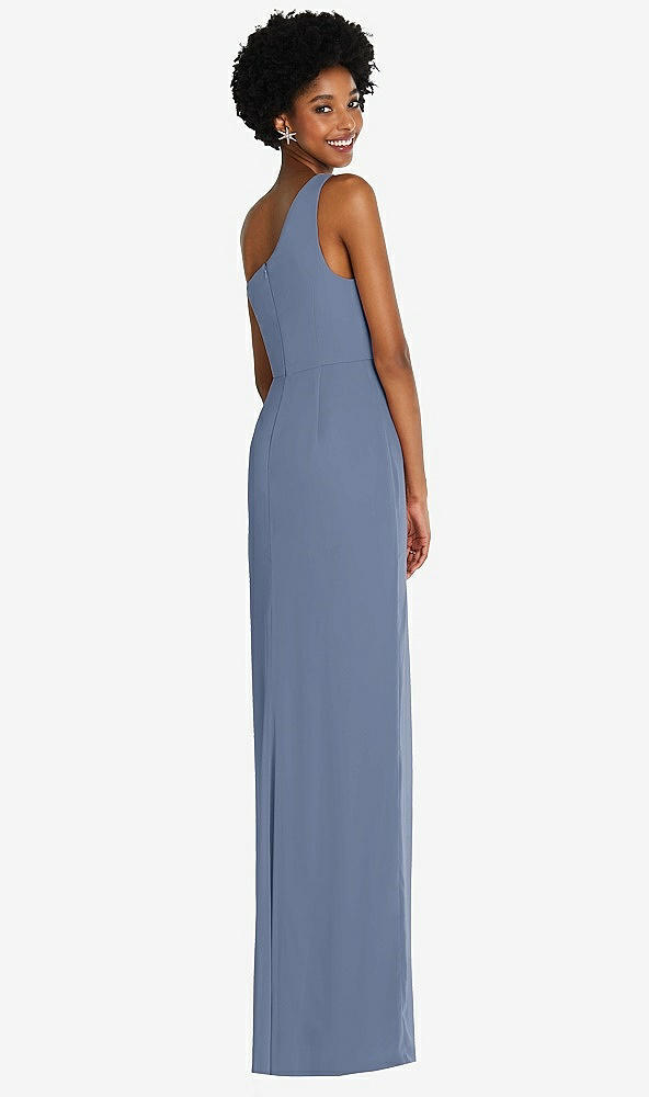 Back View - Larkspur Blue One-Shoulder Chiffon Trumpet Gown