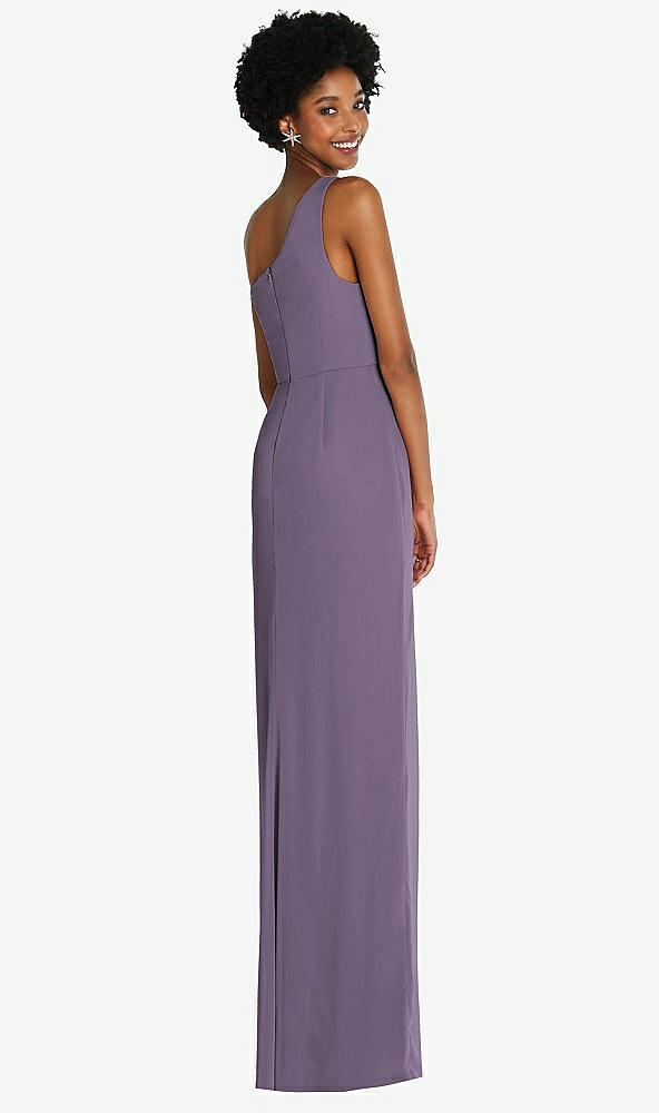 Back View - Lavender One-Shoulder Chiffon Trumpet Gown