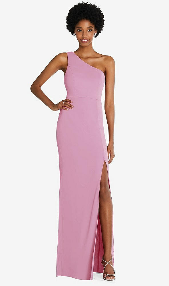 Front View - Powder Pink One-Shoulder Chiffon Trumpet Gown