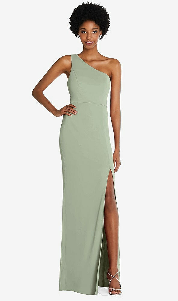 Front View - Sage One-Shoulder Chiffon Trumpet Gown