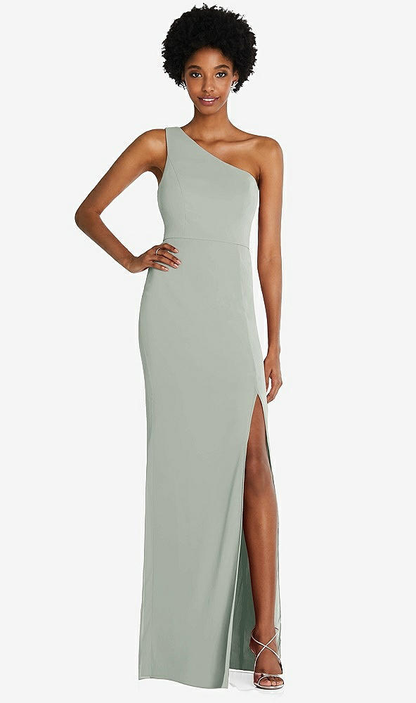 Front View - Willow Green One-Shoulder Chiffon Trumpet Gown