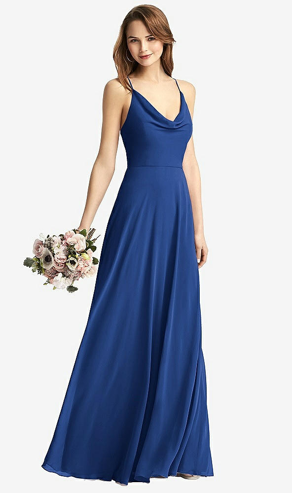 Front View - Classic Blue Cowl Neck Criss Cross Back Maxi Dress