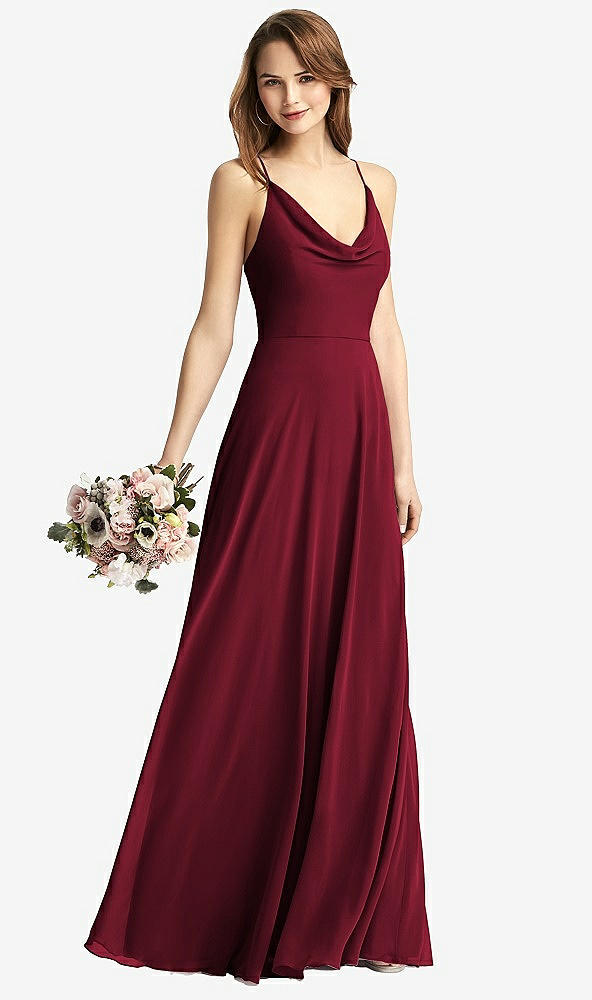 Front View - Burgundy Cowl Neck Criss Cross Back Maxi Dress