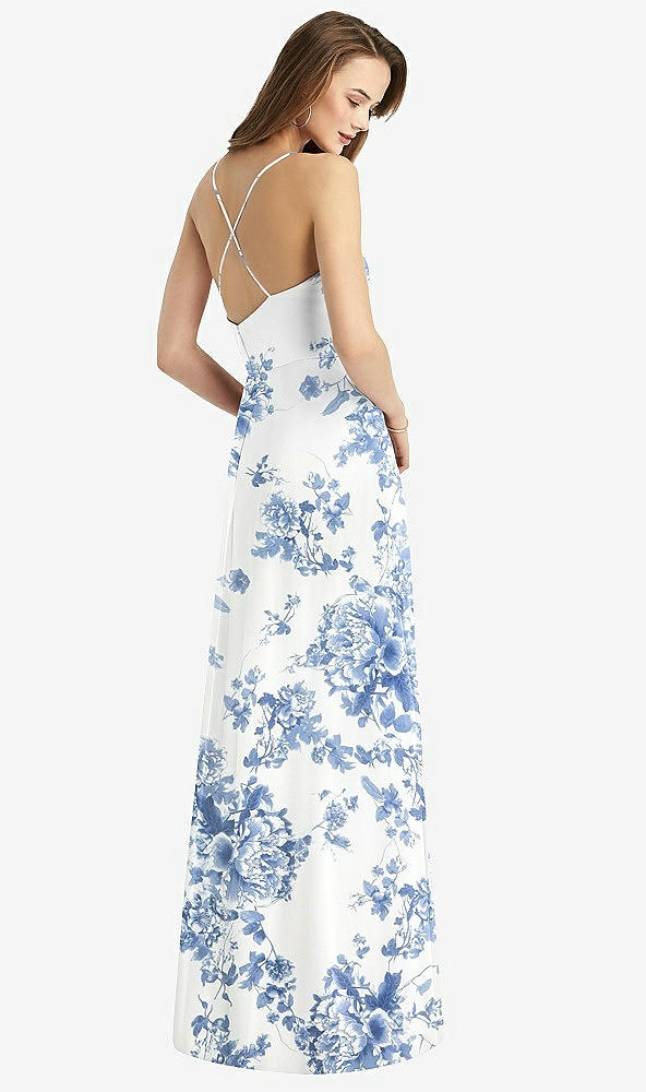 Back View - Cottage Rose Dusk Blue Cowl Neck Criss Cross Back Maxi Dress