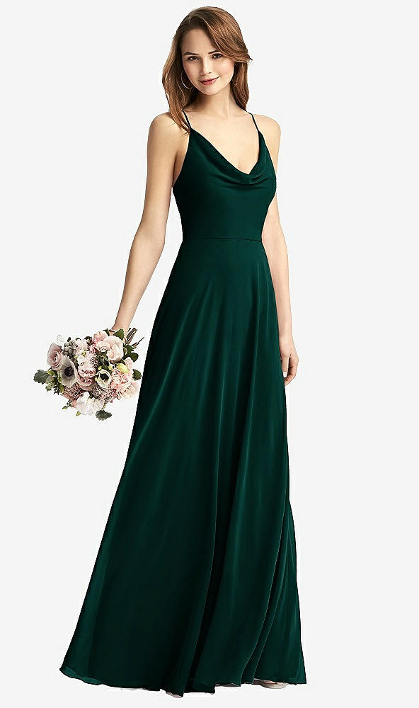 Front View - Evergreen Cowl Neck Criss Cross Back Maxi Dress