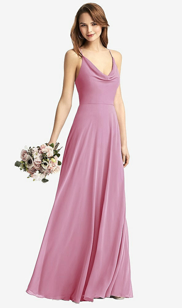 Front View - Powder Pink Cowl Neck Criss Cross Back Maxi Dress