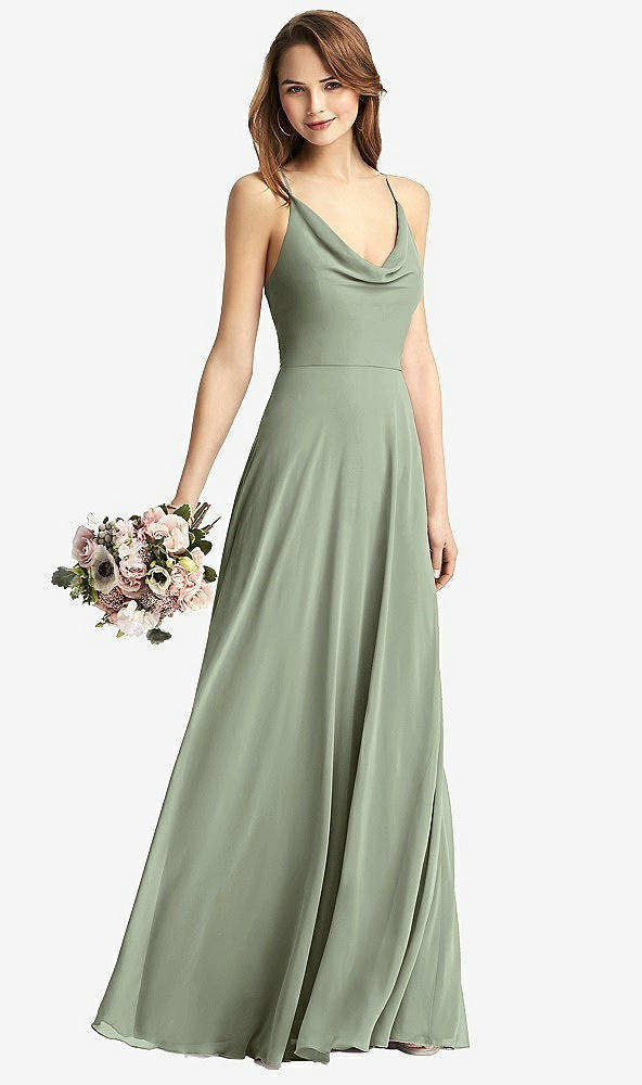 Front View - Sage Cowl Neck Criss Cross Back Maxi Dress