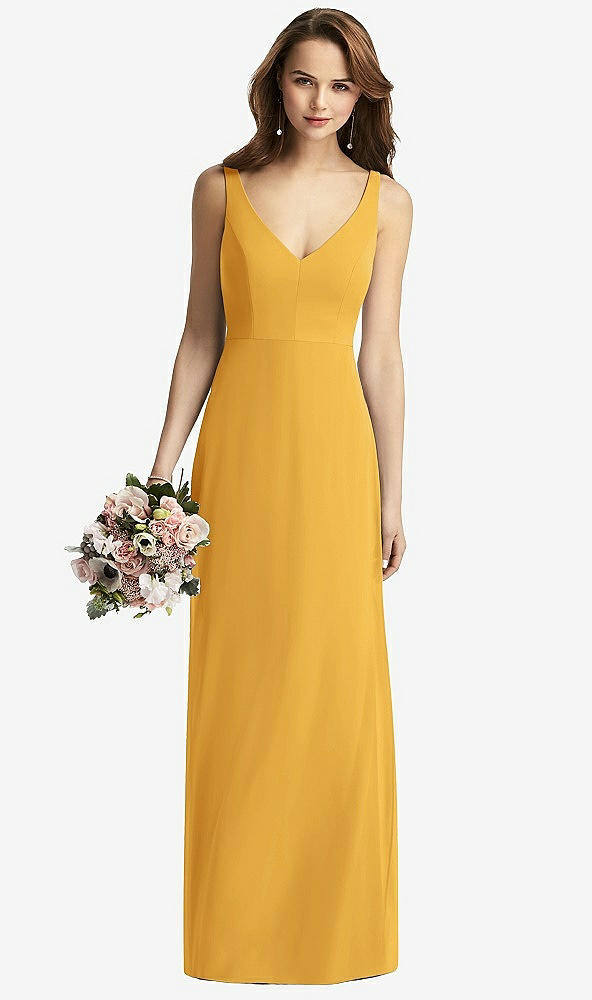 Front View - NYC Yellow Sleeveless V-Back Long Trumpet Gown