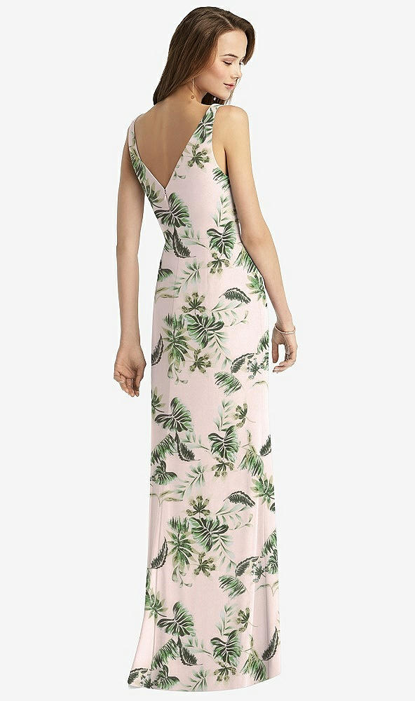 Back View - Palm Beach Print Sleeveless V-Back Long Trumpet Gown