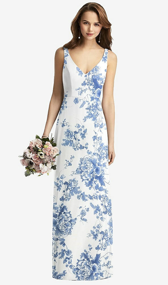 Front View - Cottage Rose Dusk Blue Sleeveless V-Back Long Trumpet Gown